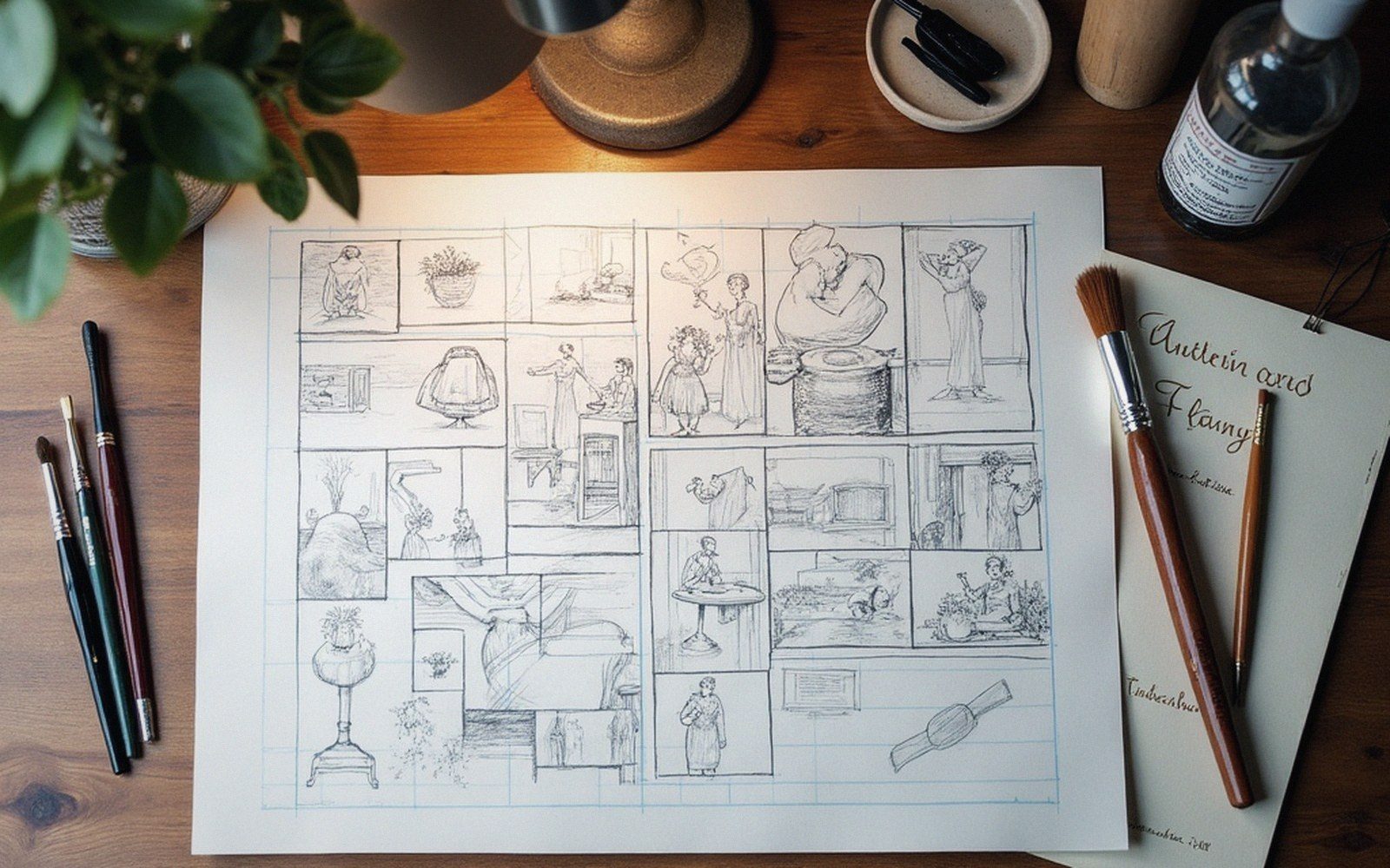 Pencil comic storyboard sketch with grid panels surrounded by paintbrushes and a lamp on a desk