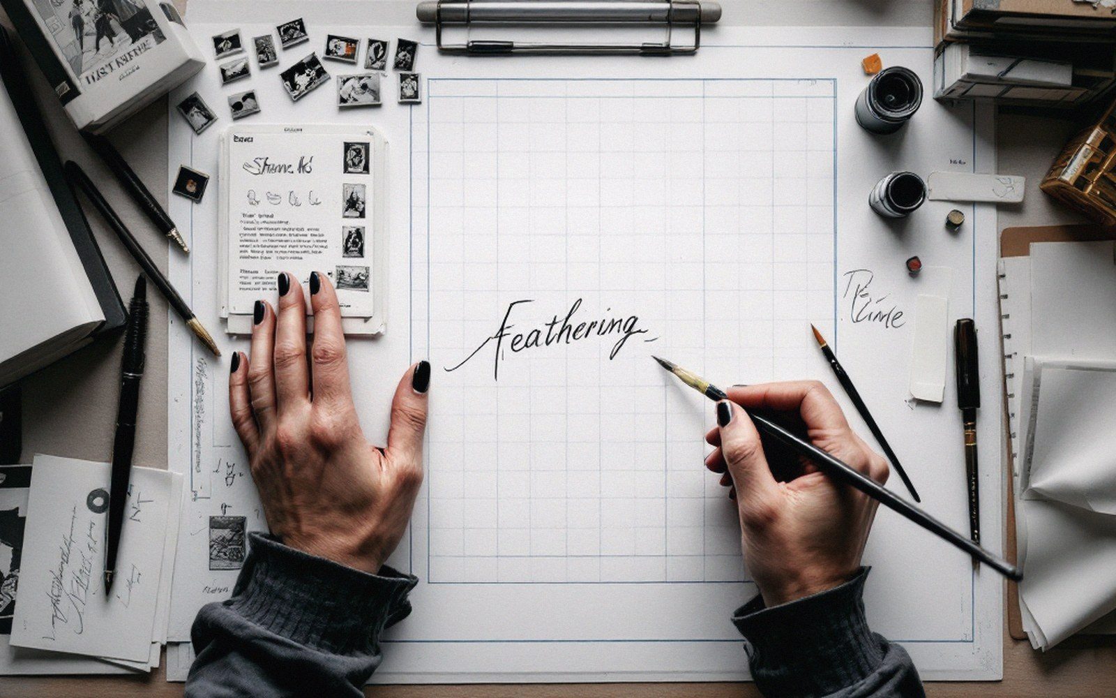 Hands writing the word "feathering" in ink on a gridded page surrounded by desk clutter