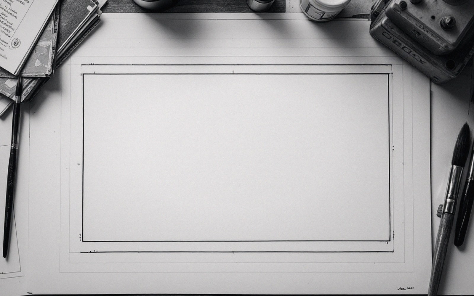 Blank ruled paper with a pencil-drawn border sits on a desk surrounded by paintbrushes and ink bottles