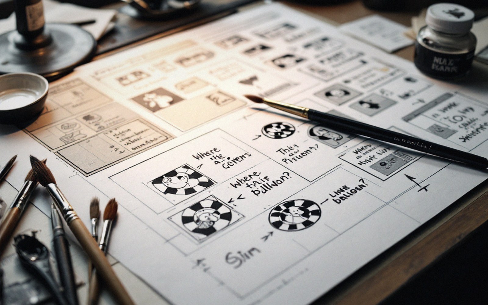 Hand-drawn animation storyboard sketches with notes, surrounded by paintbrushes and ink bottles