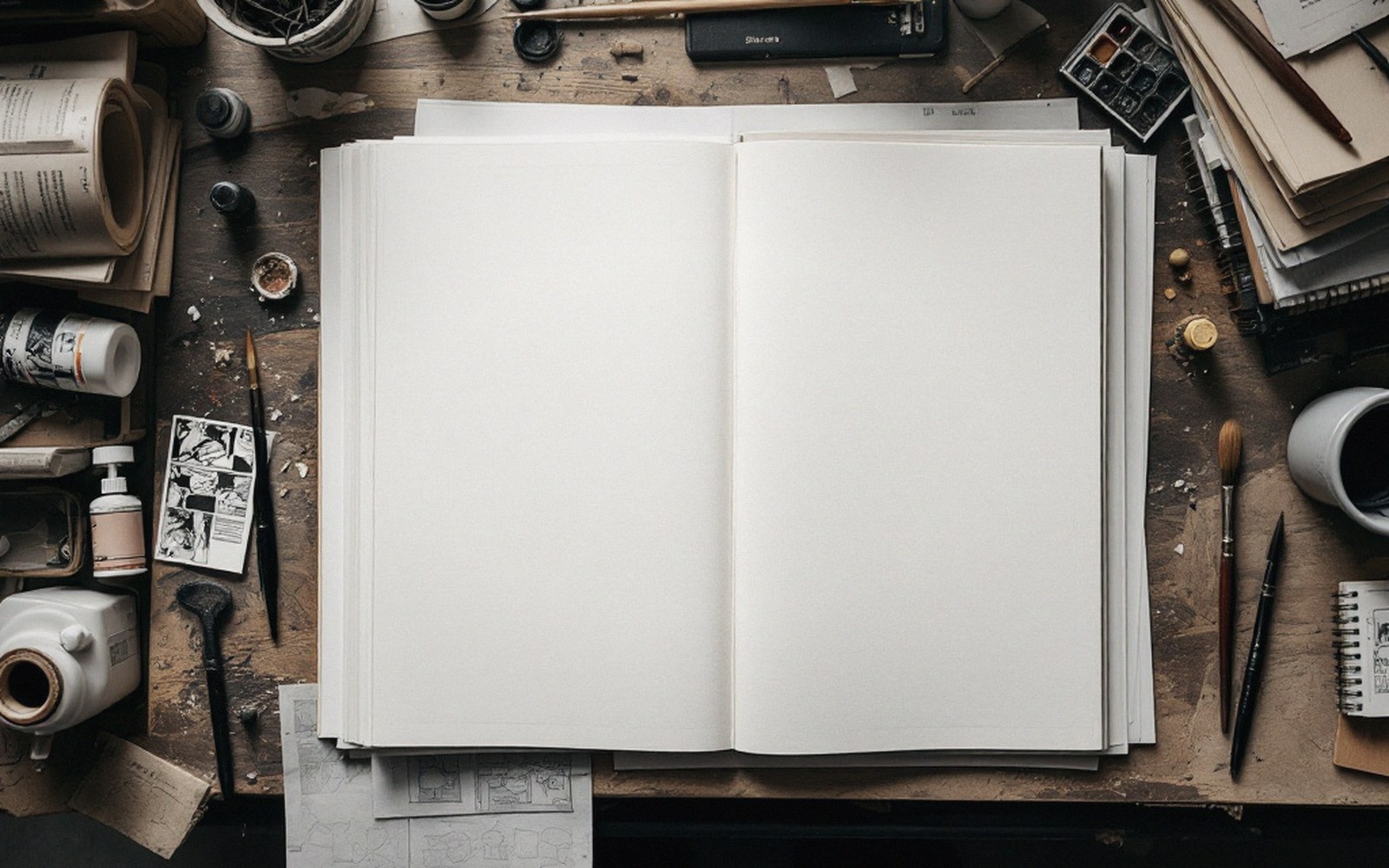 Blank open sketchbook on a cluttered artist's desk with ink pots and brushes